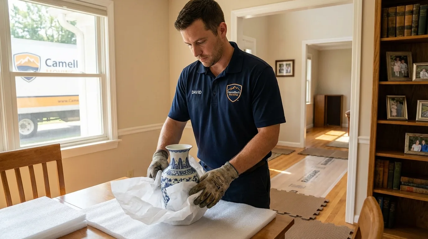 Professional crew carefully wrapping antique vase for senior downsizing move in Fall City, WA